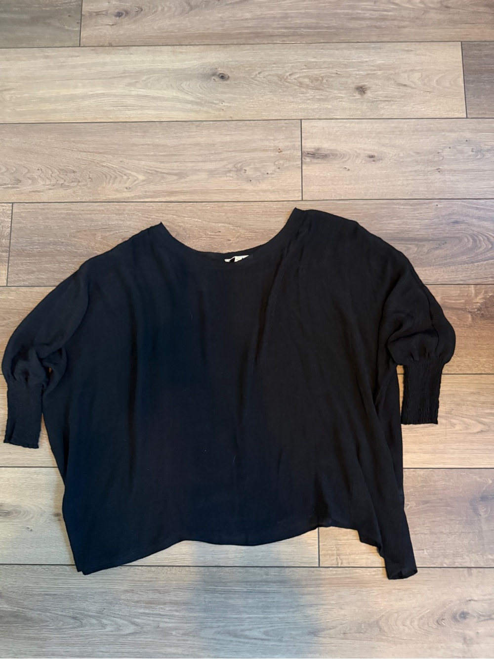 Relaxed Black Smocked-Cuff Tunic Top